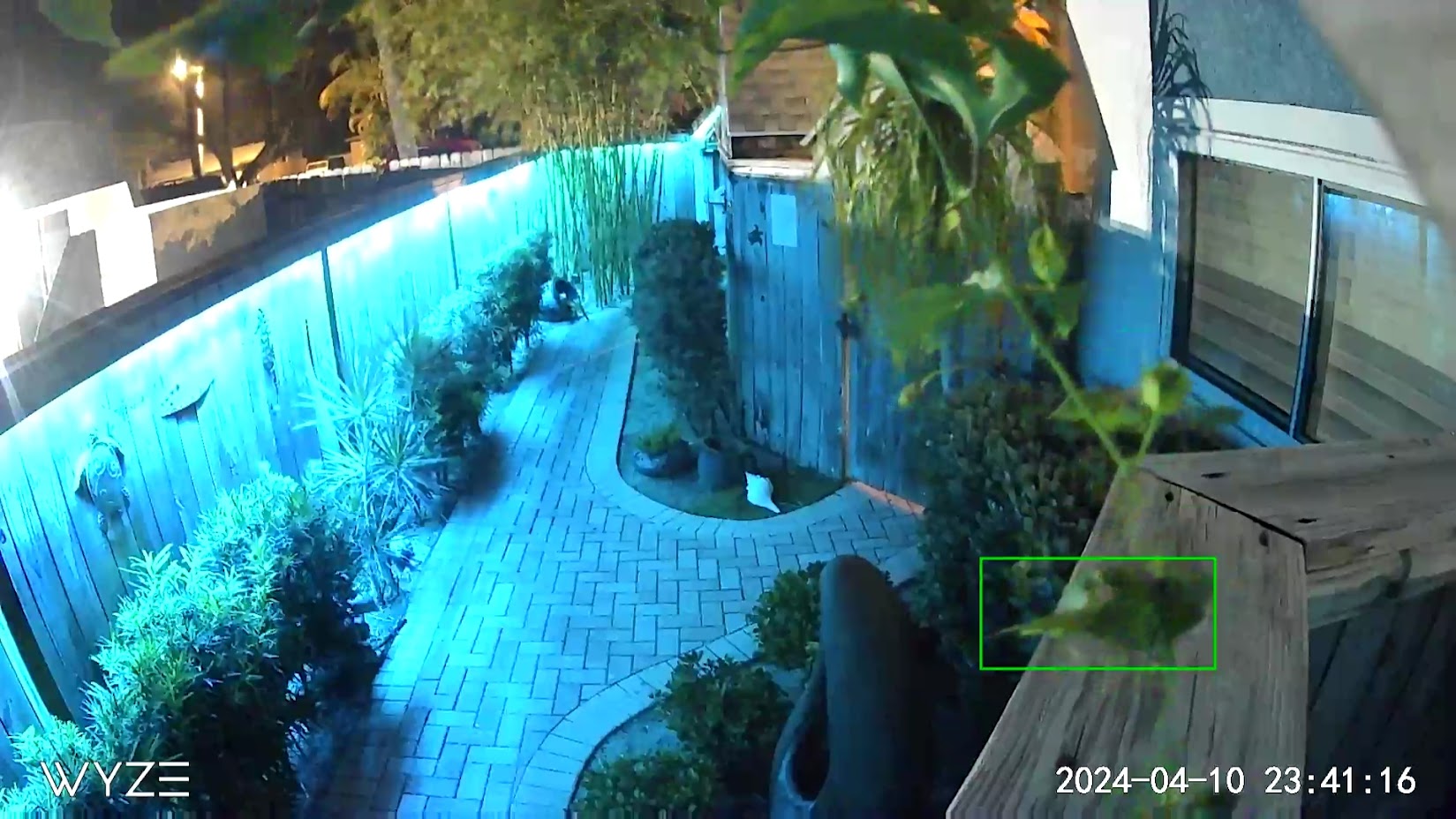 Nighttime side-yard smart home camera coverage on a Cocoa Beach property